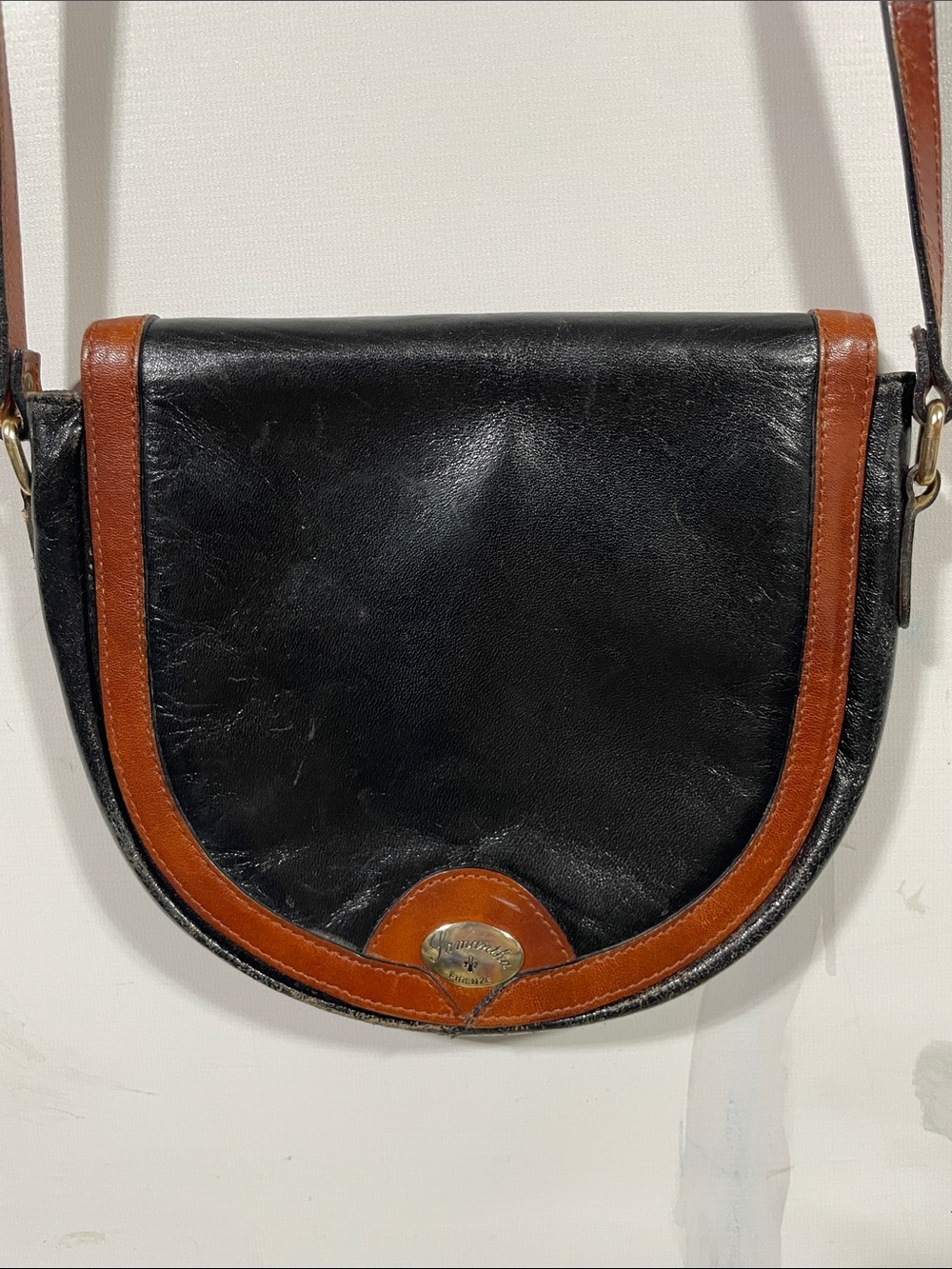Black and Brown Leather Crescent Crossbody Bag